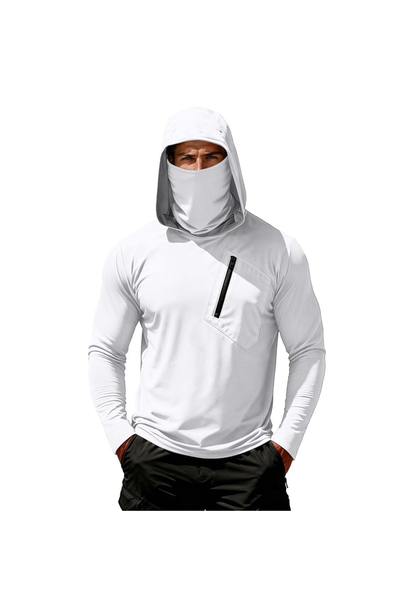Men’s UPF 50+ Tactical Quick Dry Hoodie Shirts with Mask UV Lightweight Long Sleeve Moisture Wicking with Zipper Pocket 2026 White S