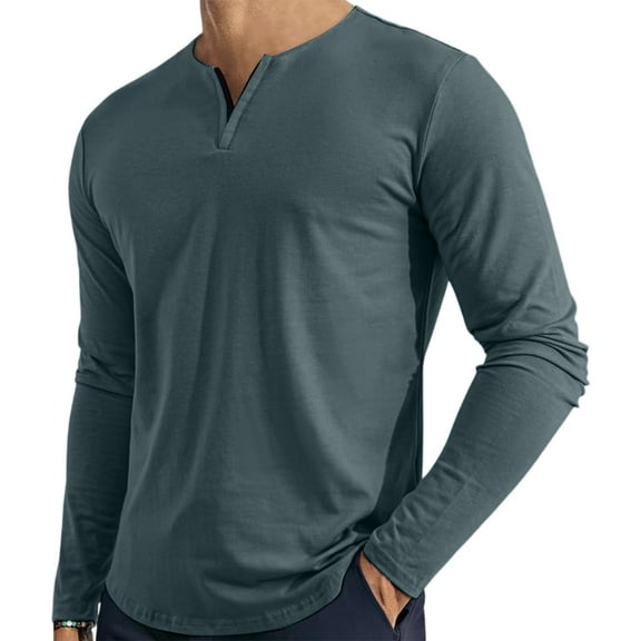 Inglocry Men's V Neck Long Sleeve Shirts Casual Henley Cotton T-Shirts Slim Fit Longline Tee Shirts Cyan S