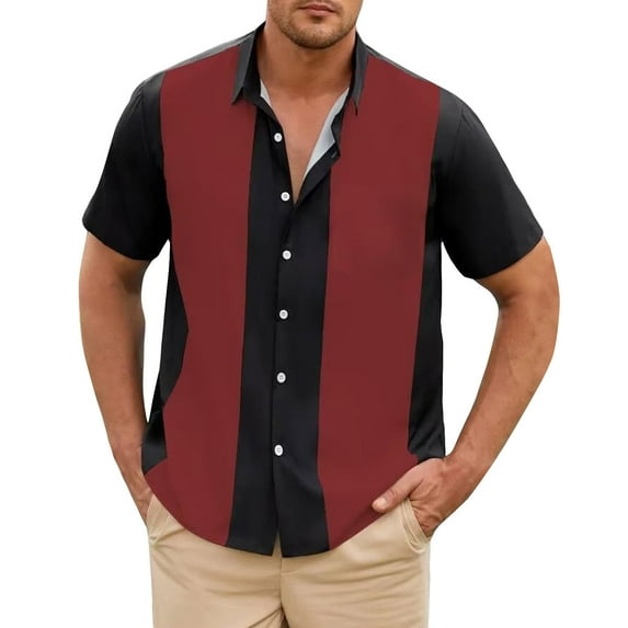 Inglocry Men's Vintage Bowling Shirt Short Sleeve Button Down Summer Cuba Beach Shirts Mens Hawaiian Shirt Wine 3XL