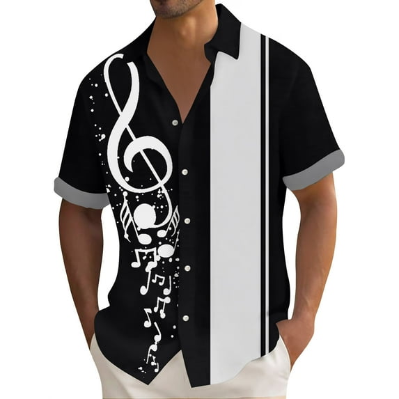 Inglocry Men's Vintage Bowling Shirts 1950s Casual Short Sleeve Button Up Contrast Shirt Summer Color Block Cuban Shirts Black 4XL
