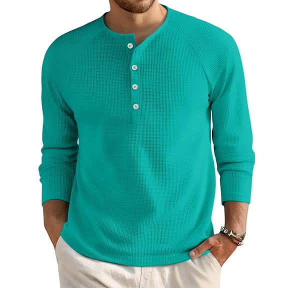 Inglocry Men's Waffle Henley Shirts Crewneck Lightweight Sweater Long Sleeve Causal Knitted Pullover T Shirt Turquoise XL