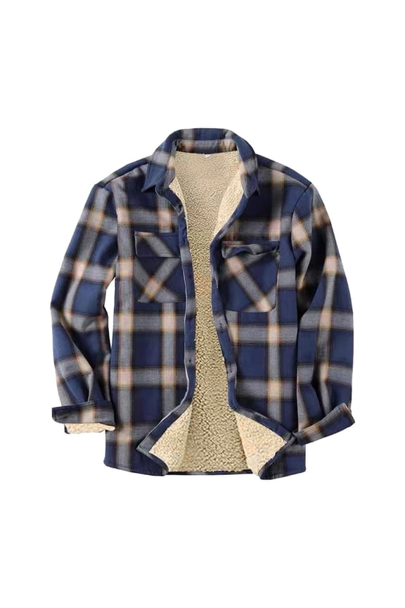 Men's Warm Sherpa Lined Fleece Plaid Flannel Shirt Jacket Mens Flannel Shirt Long Sleeve Navy 2XL