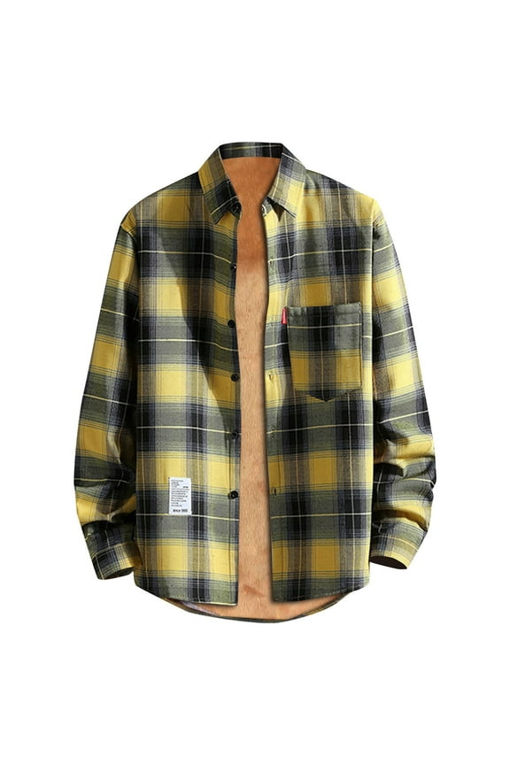 Men's Warm Sherpa Lined Fleece Plaid Flannel Shirt Jacket Mens Flannel Shirt Long Sleeve Yellow 3XL