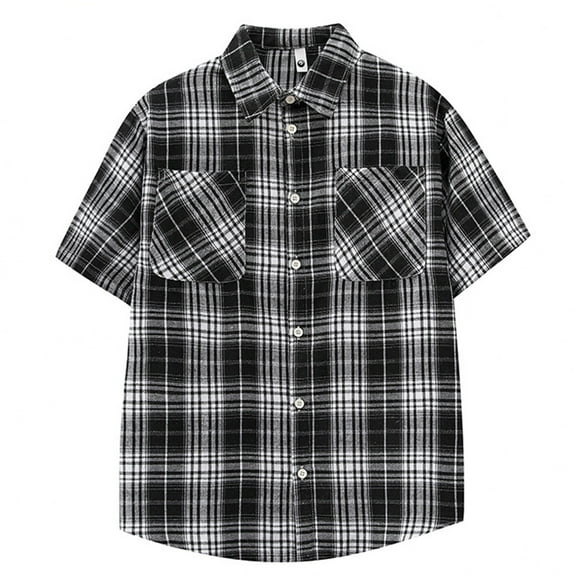Inglocry Mens Button Down Shirts Regular Fit Short Sleeve Casual Plaid Flannel Shirt Hawaiian Shirt For Men Black 2XL