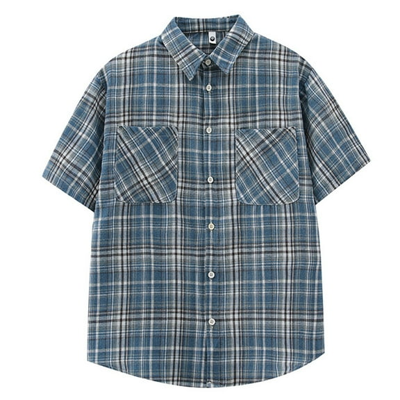 Inglocry Mens Button Down Shirts Regular Fit Short Sleeve Casual Plaid Flannel Shirt Hawaiian Shirt For Men Blue 3XL