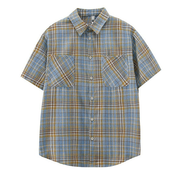Inglocry Mens Button Down Shirts Regular Fit Short Sleeve Casual Plaid Flannel Shirt Hawaiian Shirt For Men Yellow 2XL