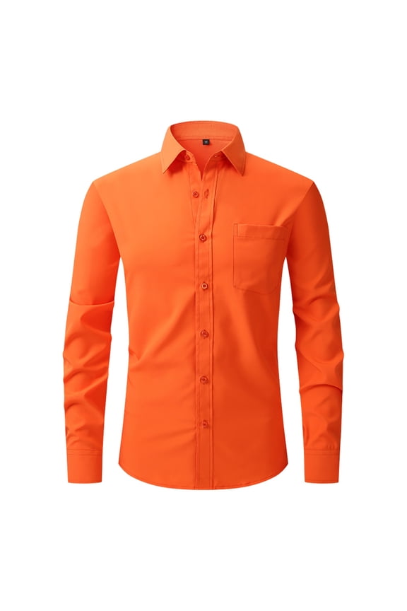 Men's Dress Shirts Long Sleeve Wrinkle-Free Stretch Shirts Solid Formal Button Down Shirt with Pocket Orange L