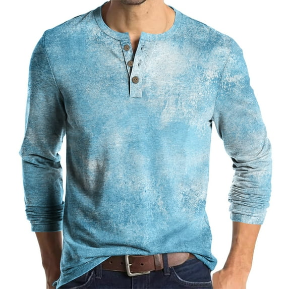 Inglocry Mens Fashion Casual Front Basic Long Sleeve Henley T-Shirts Tie Dye Soft Basic Tops For Men Sky Blue L