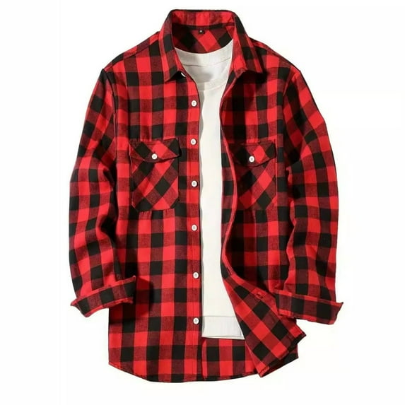 Inglocry Mens Flannel Plaid Shirt Casual Long Sleeve Button Down Shirts with Pockets Vintage Shirts For Men Red XL