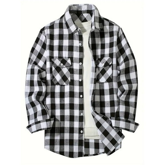 Inglocry Mens Flannel Plaid Shirt Casual Long Sleeve Button Down Shirts with Pockets Vintage Shirts For Men White 3XL