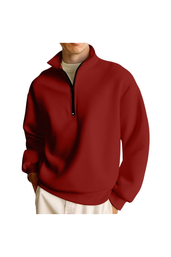 Mens Fuzzy Fleece Sweatshirt Quarter Zip Pullover Long Sleeve Winter Fall Outdoor Warm Tops Wine XL