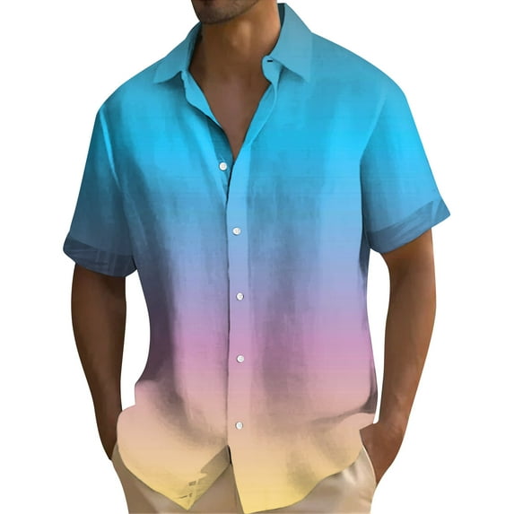 Inglocry Mens Gradient Linen Shirts Casual Button Down Short Sleeve Tie Dye Beach Summer Shirts Light Blue 2XL
