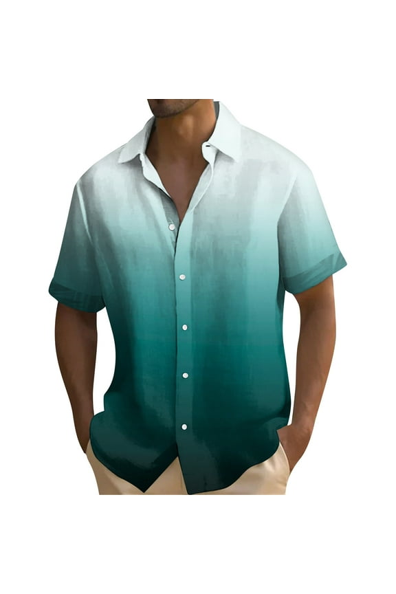 Mens Gradient Linen Shirts Casual Button Down Short Sleeve Tie Dye Beach Summer Shirts Mint Green XL