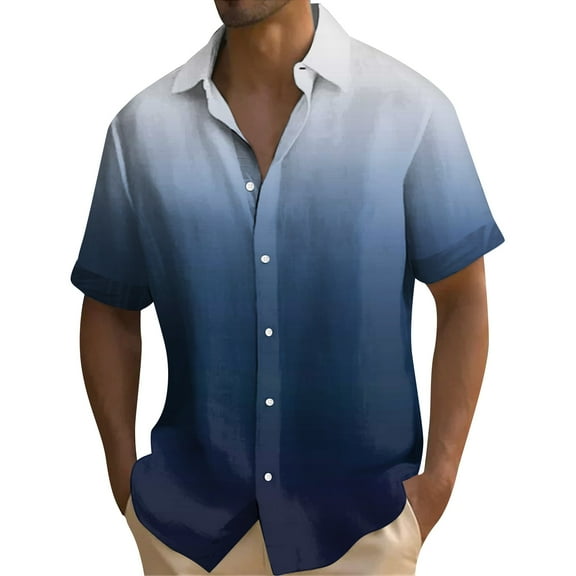 Inglocry Mens Gradient Linen Shirts Casual Button Down Short Sleeve Tie Dye Beach Summer Shirts Navy 3XL