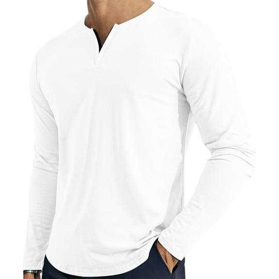 Inglocry Mens Henley Long Sleeve Shirts Fall Lightweight Sweatshirts Casual V Neck Slim Fit Pullover T-Shirt White 3XL