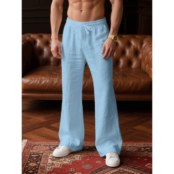 Inglocry Mens Linen Bell Bottom Pants Wide Leg Elastic Waist Drawstring Yoga Pants Summer Beach Lounge Trousers with Pockets Sky Blue 2XL