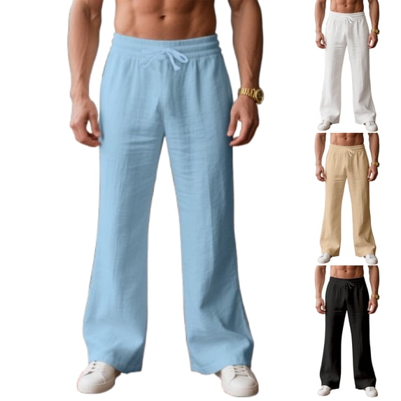 Inglocry Mens Linen Bell Bottom Pants Wide Leg Elastic Waist Drawstring Yoga Pants Summer Beach Lounge Trousers with Pockets Sky Blue S