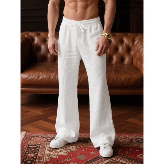 Inglocry Mens Linen Bell Bottom Pants Wide Leg Elastic Waist Drawstring Yoga Pants Summer Beach Lounge Trousers with Pockets White XL