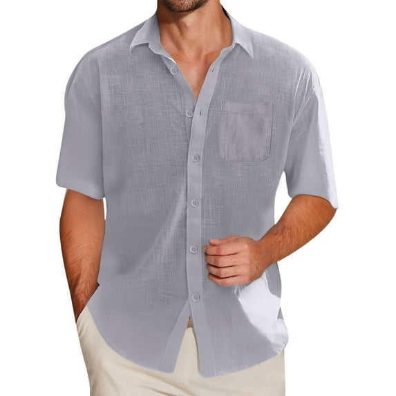 Inglocry Mens Linen Shirt, Casual Button Up Down Shirts for Men, Beach Short Sleeve Essential Business Top for Summer Light Gray 3XL