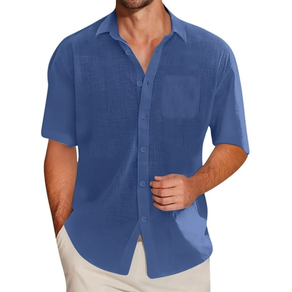 Inglocry Mens Linen Shirt, Casual Button Up Down Shirts for Men, Beach Short Sleeve Essential Business Top for Summer Navy XL