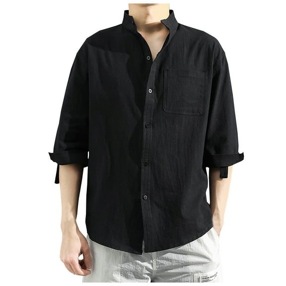 Inglocry Mens Linen Shirt Long Sleeve Casual Cotton Button Down Shirts Collarless Summer Beach Shirts Black 3XL