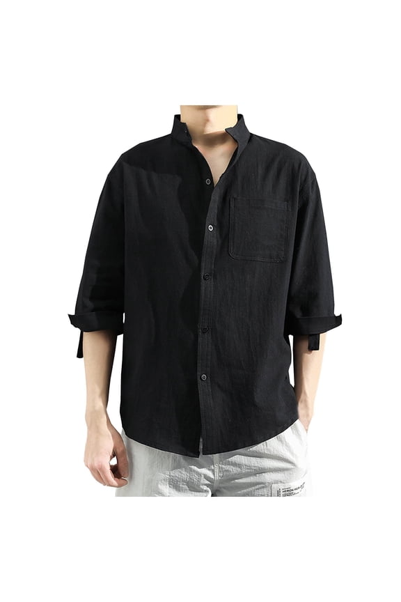 Mens Linen Shirt Long Sleeve Casual Cotton Button Down Shirts Collarless Summer Beach Shirts Black 4XL