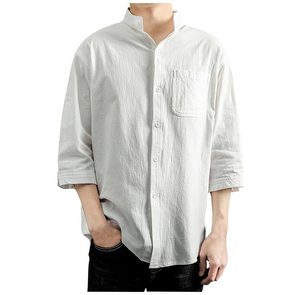 Inglocry Mens Linen Shirt Long Sleeve Casual Cotton Button Down Shirts Collarless Summer Beach Shirts White 3XL