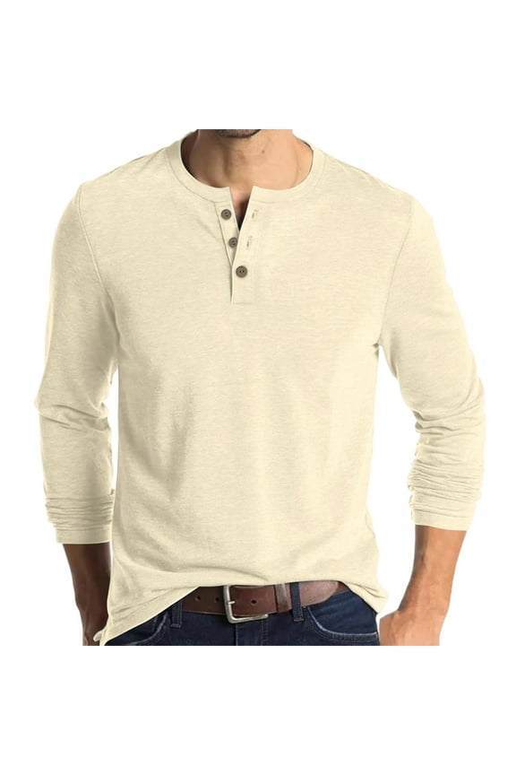Mens Long Sleeve Henley Shirts Stretch Casual 3 Button Tee Baisc Plain Soft Basic Tops For Men Beige 2XL