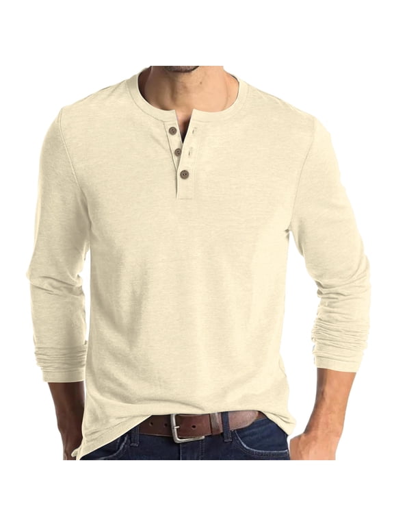Mens Long Sleeve Henley Shirts Stretch Casual 3 Button Tee Baisc Plain Soft Basic Tops For Men Beige 2XL