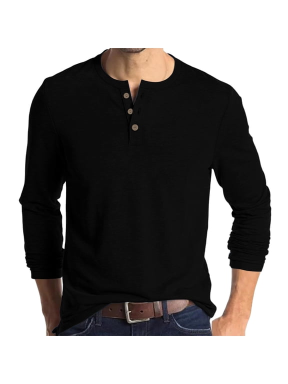 Mens Long Sleeve Henley Shirts Stretch Casual 3 Button Tee Baisc Plain Soft Basic Tops For Men Black XL