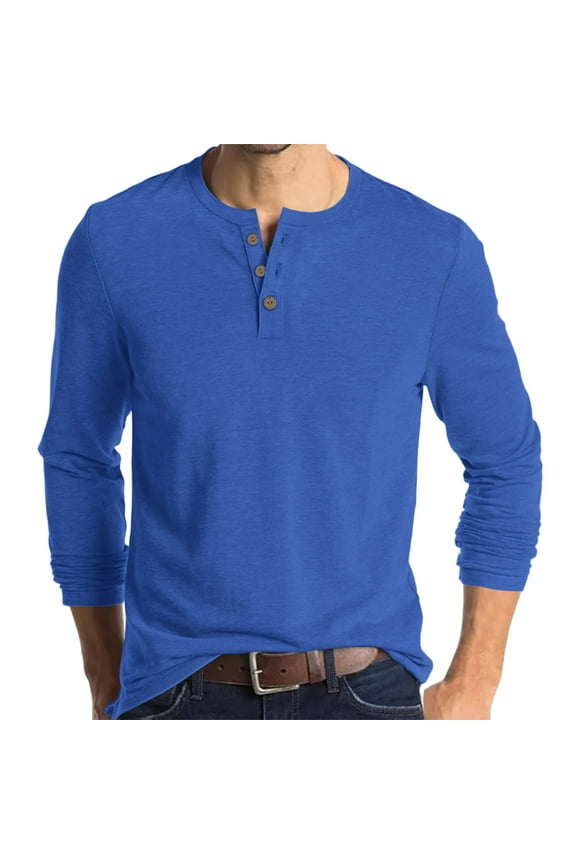 Mens Long Sleeve Henley Shirts Stretch Casual 3 Button Tee Baisc Plain Soft Basic Tops For Men Blue 2XL