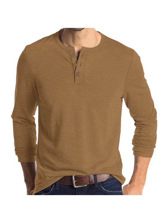 Mens Long Sleeve Henley Shirts Stretch Casual 3 Button Tee Baisc Plain Soft Basic Tops For Men Camel L