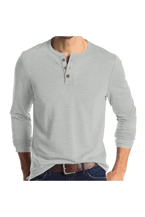 Men's Henley Shirt - Long Sleeve Solid Color Button Down Cotton Shirt - Soft Undershirts for Men Gray L