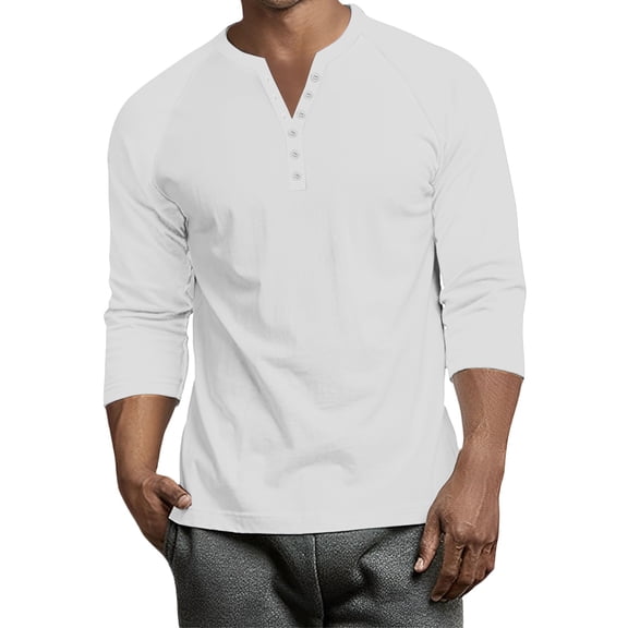 Inglocry Mens Long Sleeve Henley Shirts Stretch Casual Button Down Tee Baisc Plain Casual Shirts For Men White S