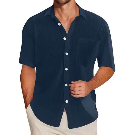 Inglocry Mens Short Sleeve Button Down Shirts Casual Cotton Shirt Summer Beach Tops with Pocket Navy L