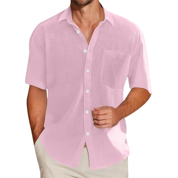Inglocry Mens Short Sleeve Button Down Shirts Casual Cotton Shirt Summer Beach Tops with Pocket Pink 2XL