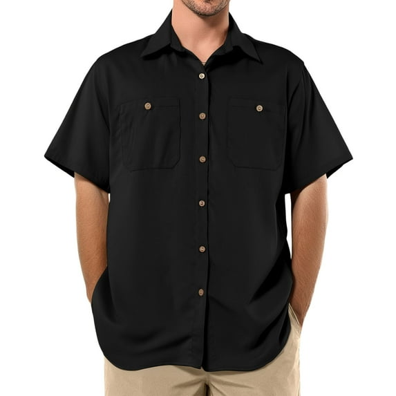 Inglocry Mens Short Sleeve Button Down Shirts Work Casual Button Up Relaxed Fit Summer Shirt with Two Pockets Black M