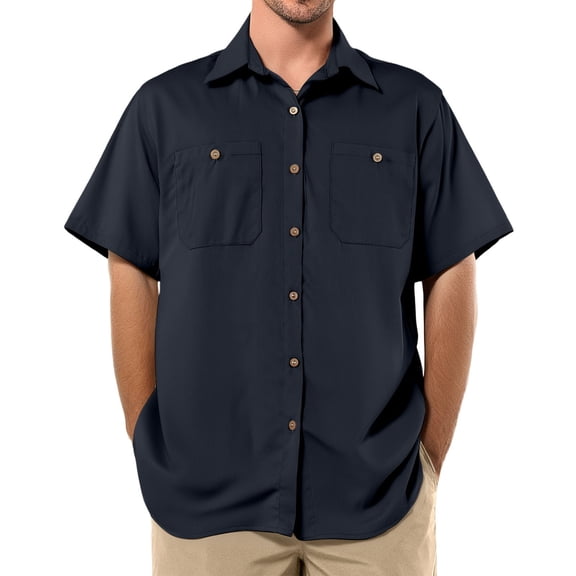 Inglocry Mens Short Sleeve Button Down Shirts Work Casual Button Up Relaxed Fit Summer Shirt with Two Pockets Navy 2XL