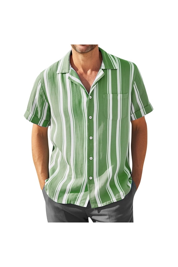 Mens Striped Summer Shirts Casual Button Down Short Sleeve Beach Stylish Untucked Hawaiian Shirts Green L