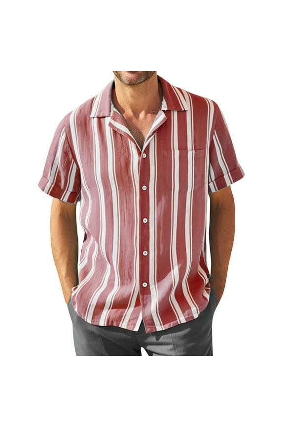 Mens Striped Summer Shirts Casual Button Down Short Sleeve Beach Stylish Untucked Hawaiian Shirts Red XL