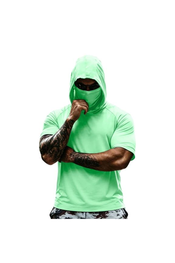 Mens Sun Protection Hoodie UPF 50+ Short Sleeve Sun Shirts Lightweight Quick Dry Rash Guard with Mask Fishing Shirts 2026 Green L