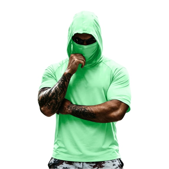 Inglocry Mens Sun Protection Hoodie UPF 50+ Short Sleeve Sun Shirts Lightweight Quick Dry Rash Guard with Mask Fishing Shirts 2026 Green S