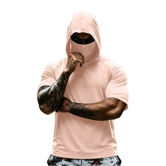 Inglocry Mens Sun Protection Hoodie UPF 50+ Short Sleeve Sun Shirts Lightweight Quick Dry Rash Guard with Mask Fishing Shirts 2026 Khaki L