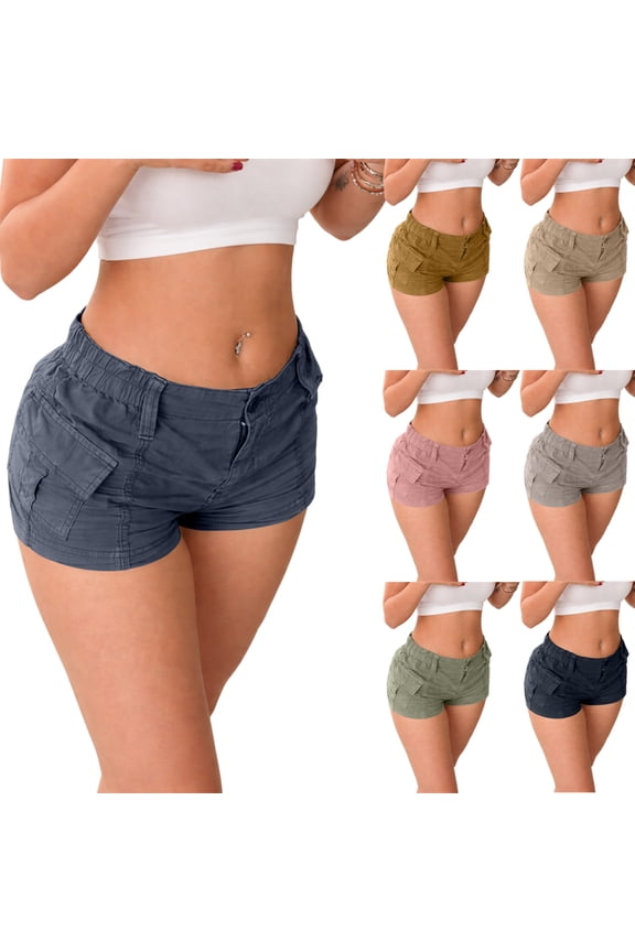 Micro Shorts for Women Y2k Cargo Jean Shorts Low Rise Denim Short Elastic Waist Micro Shorts Streetwear with Pockets 2026 Khaki 2XL