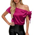 thumbnail image 1 of Inglocry Off The Shoulder Tops for Women Silk Satin Summer Short Sleeve Blouse Shirts Y2K Going Out Top Beach Vacation Hot Pink XL, 1 of 6