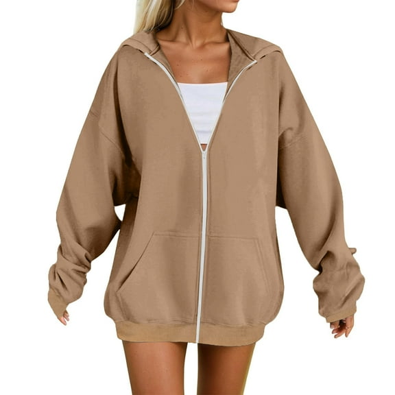 Inglocry Oversized Zip Up Hoodie for Women Fleece Long Sleeve Hooded Sweatshirts Cute Y2k Jackets 2025 Fall Winter Clothes Khaki 2XL