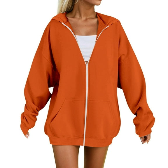 Inglocry Oversized Zip Up Hoodie for Women Fleece Long Sleeve Hooded Sweatshirts Cute Y2k Jackets 2025 Fall Winter Clothes Orange M