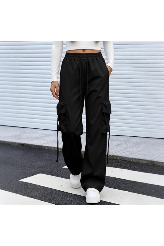 Parachute Cargo Pants Women Lightweight Quick Dry Baggy Hiking Pants with 4 Pockets Y2k Clothes Black S