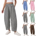 thumbnail image 1 of Inglocry Plaid Barrel Pants with Pockets Women Summer 2026 Casual Loose Drawstring Wide Leg Lounge Gingham Trousers Spring Fashion Beach Bottoms Green S, 1 of 3