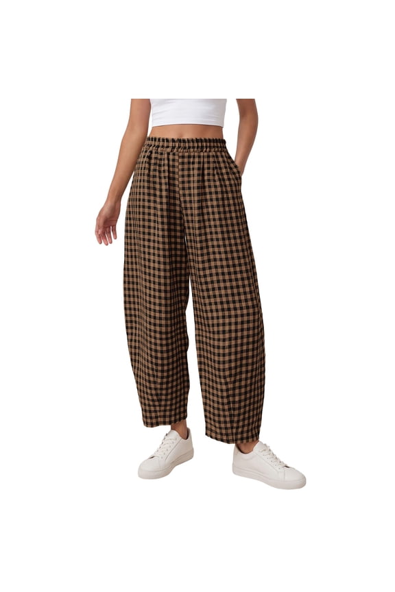 Plaid Barrel Pants Women Summer Casual Loose Wide Leg Lounge Gingham Trousers Spring Fashion Beach Bottoms Brown 2XL